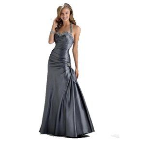 Flirt By Maggie Sottero Grey Taffeta Ruched Prom Dress in Charcoal Size 2 beaded